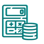 i_ucetnictvi Modro-bílá ikonka kalkulačky a sloupce mincí