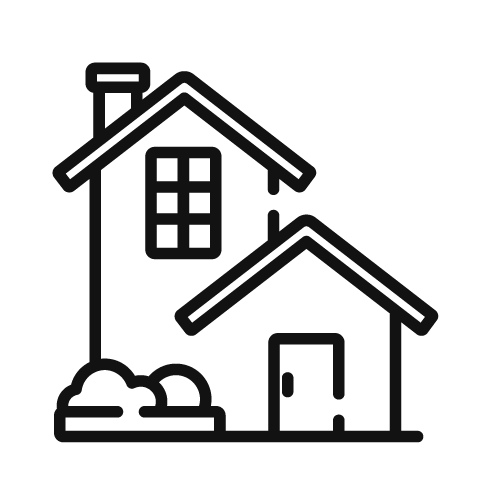 Černá ikonka rodinného domu s komínem, oknem, dveřmi a keřem