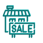 i_realitni-cinnost Modro-bílá ikonka domu s cedulí na prodej