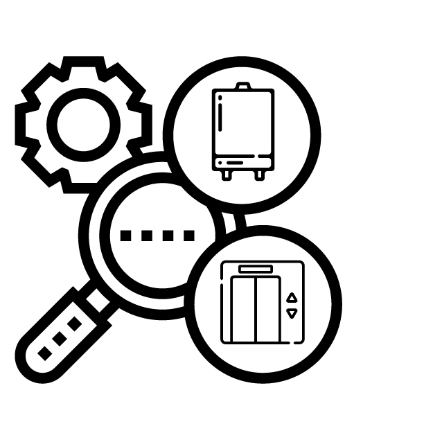 Modro-bílá ikonka s lupou a symboly ozubeného kola, kotle a výtahu